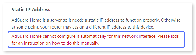 An alert stating that AdGuard Home cannot configure a static IP address automatically.
